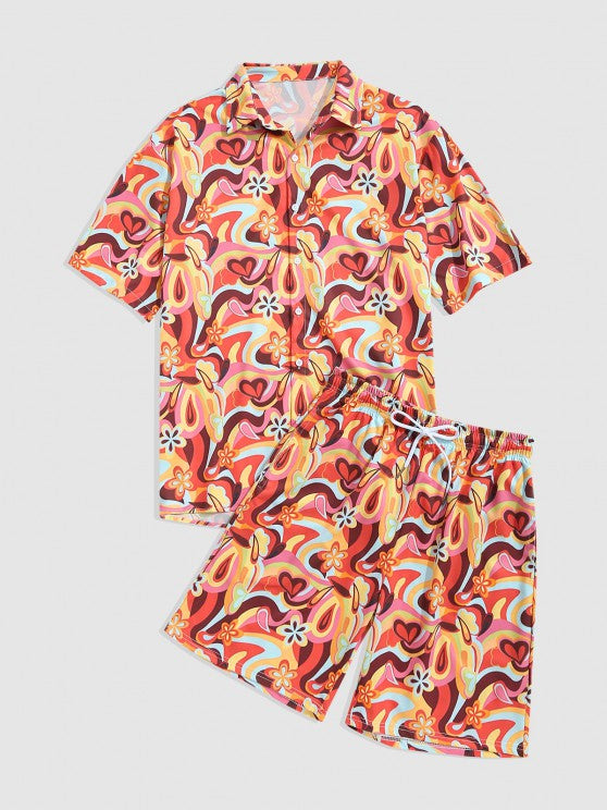 Casual Pocket Shorts And Floral Print Short Sleeves Shirt Set