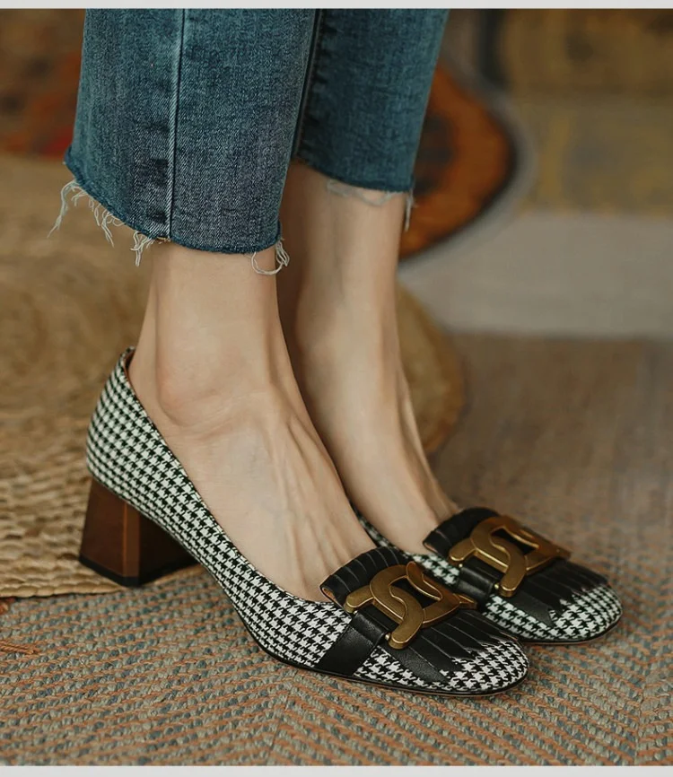 Ladies Retro Square Head Houndstooth Fringed High Heels