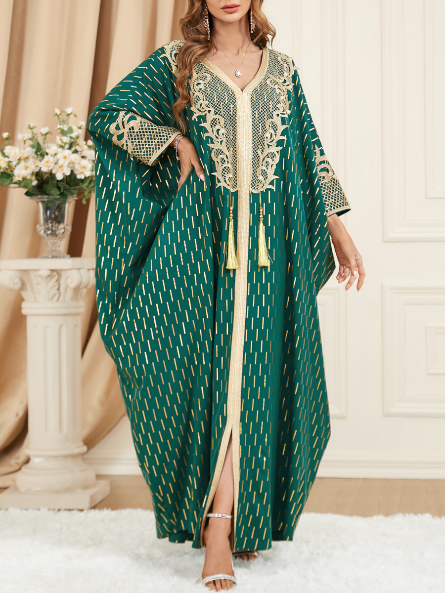Golden Pattern Batwing Sleeve V Neck Tassel Slit Kaftan Dress | Oxredo Shop Ramadan Sale