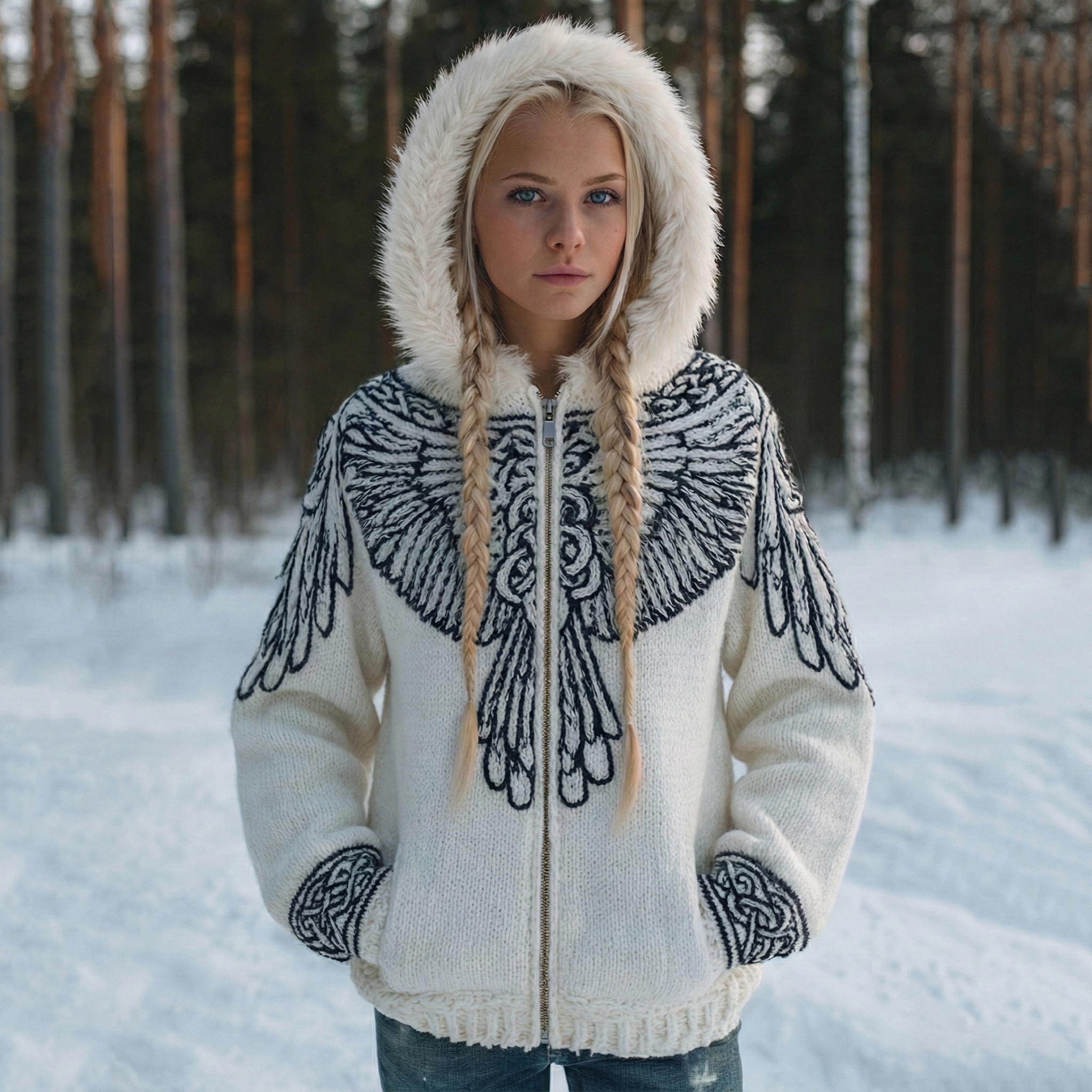 Women's Viking Wing Celtic Art Cozy Knit Warm Zip Up Hooded Sweater elevenforest