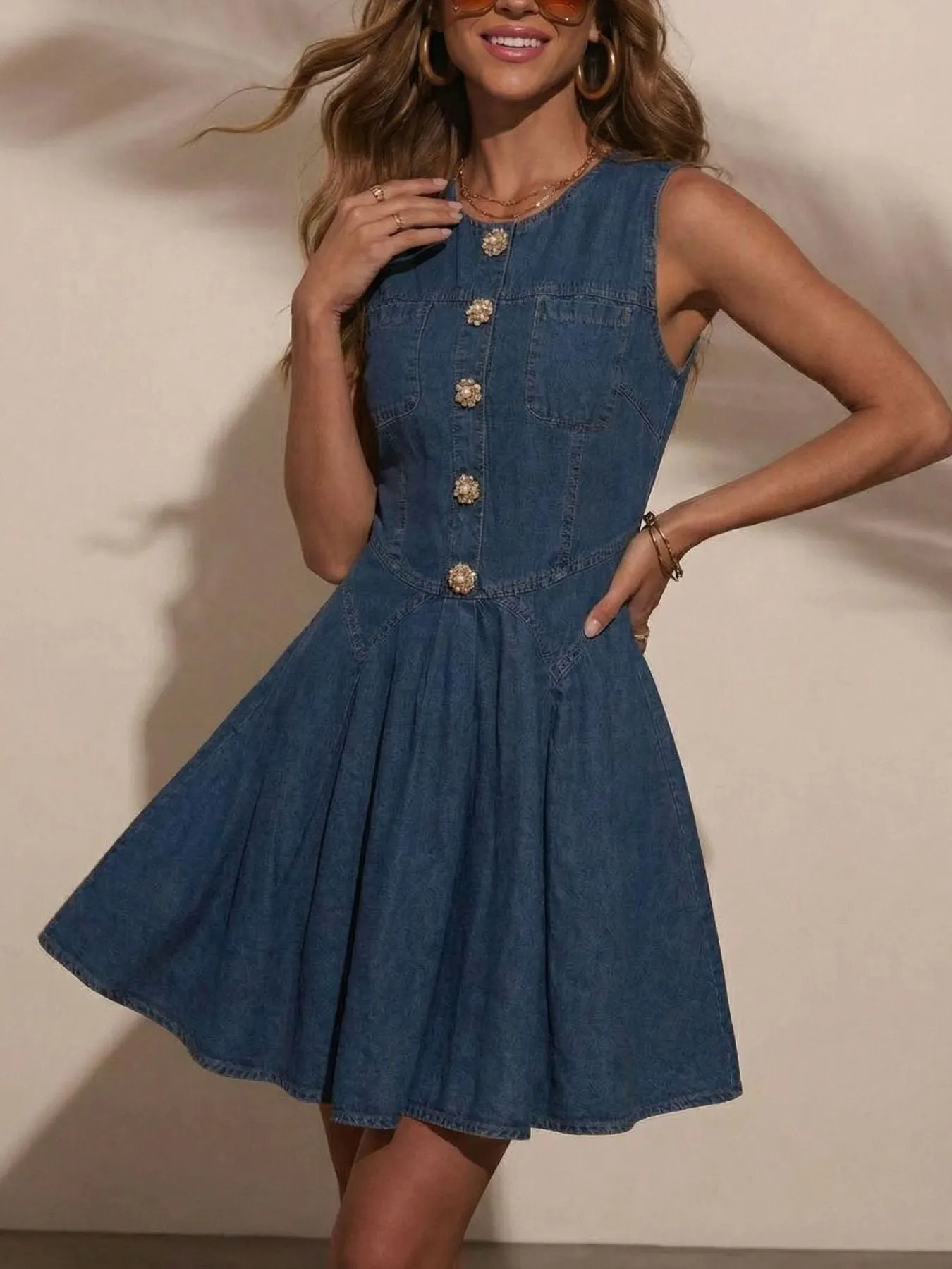 Button Decor Sleeveless Denim Dress mysite idetrend