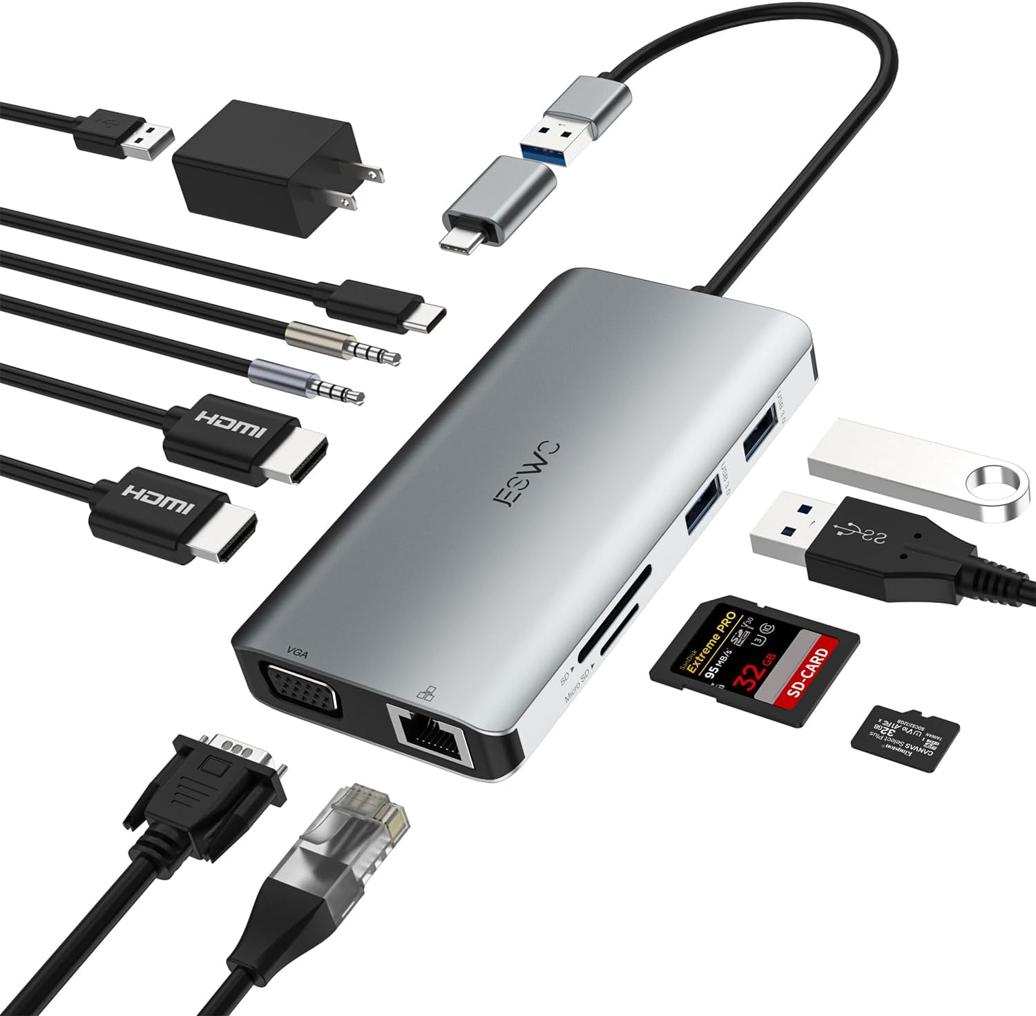 JESWO USB 3.0 Laptop Docking Station Dual Monitor with American Standard Adapter (Dual Video HDMI & VGA, Gigabit Ethernet, Audio, and More USB Ports)