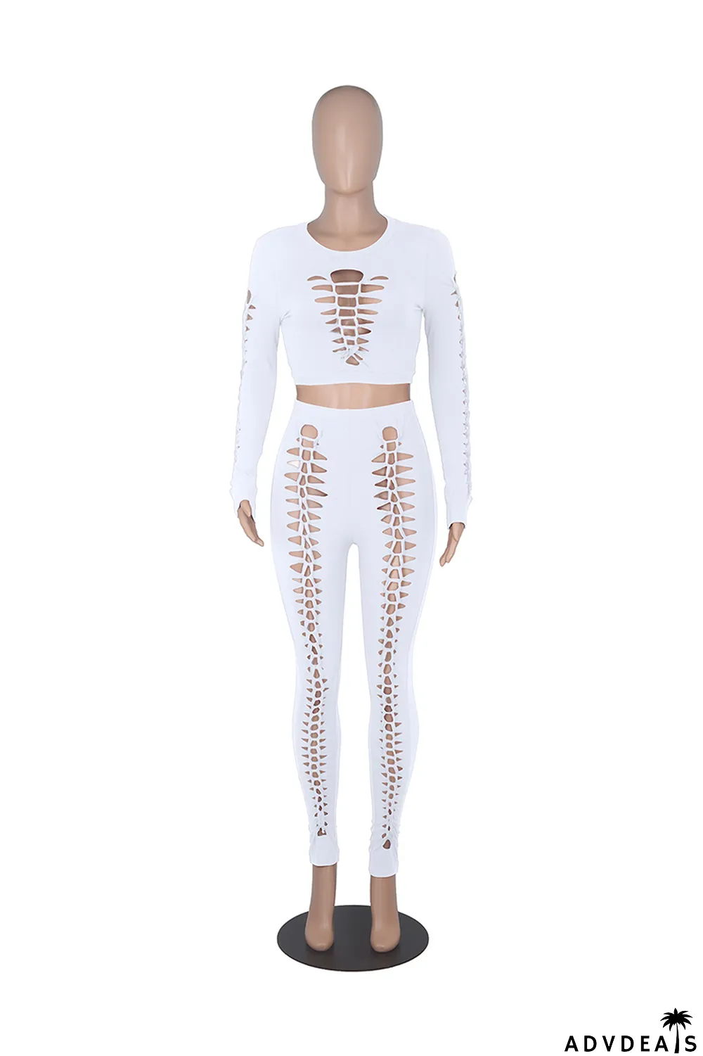 Color Blue Sexy Solid Ripped O Neck Long Sleeve Two Pieces