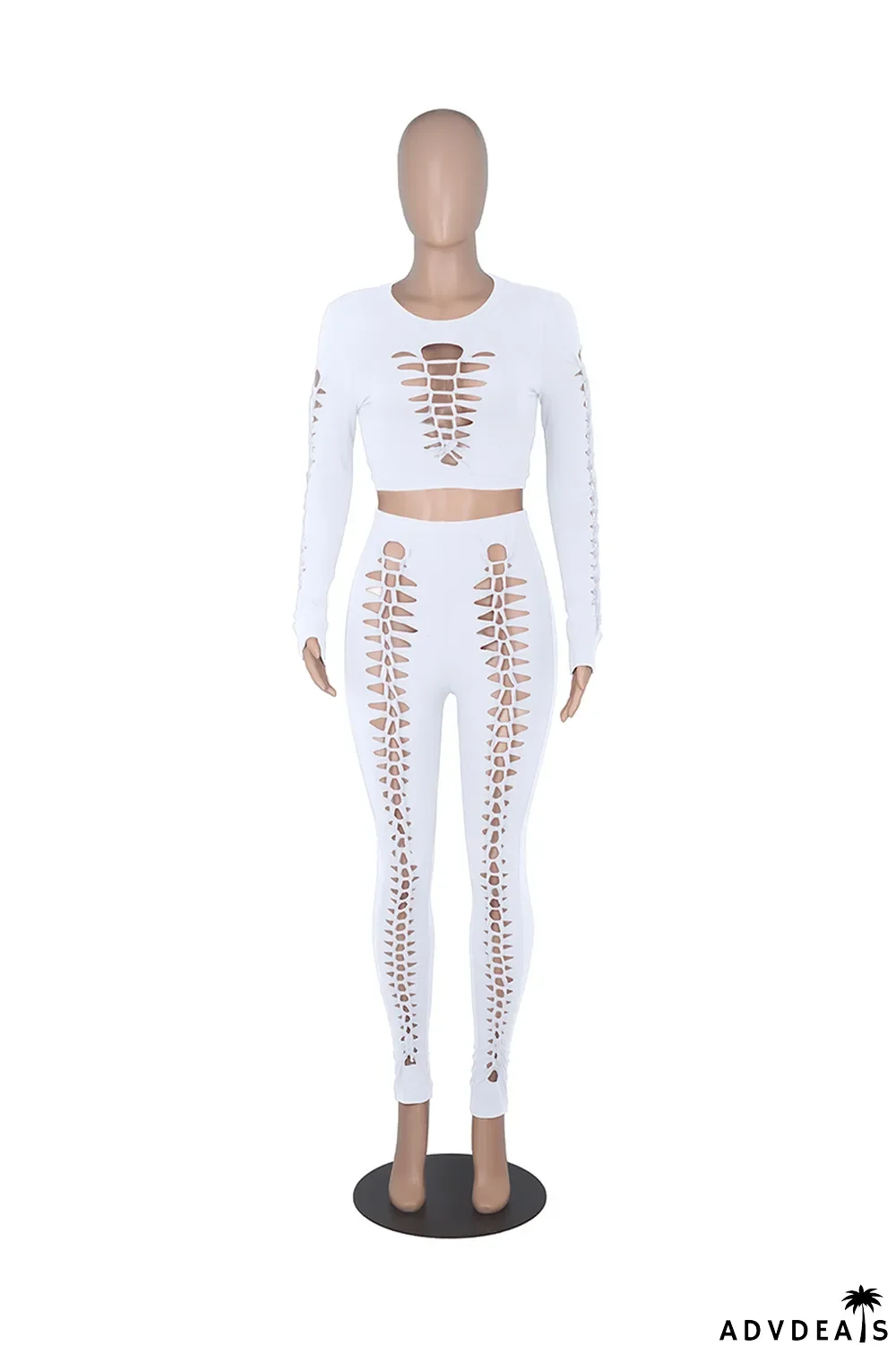 Color Blue Sexy Solid Ripped O Neck Long Sleeve Two Pieces