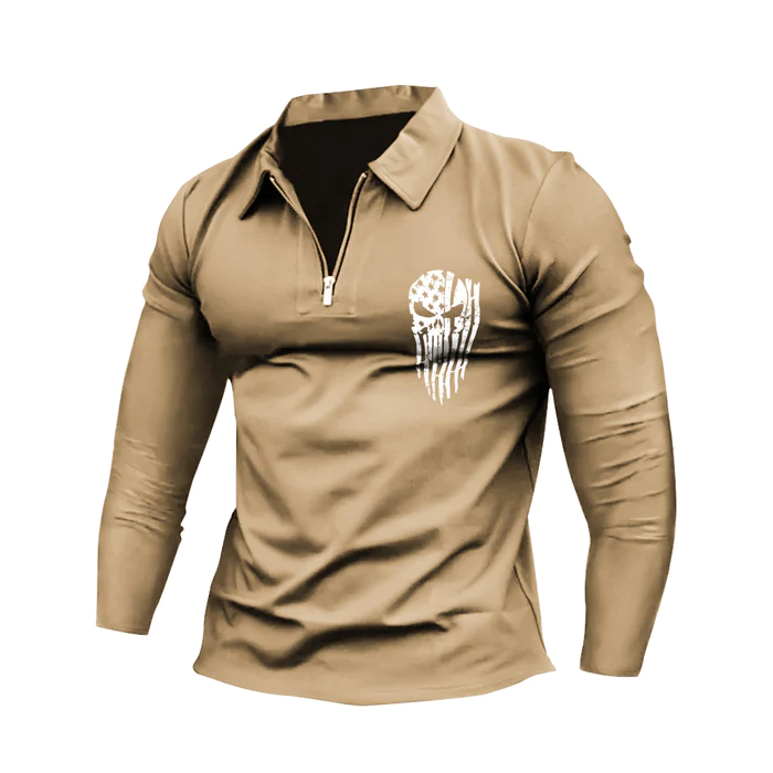 SKULL ZIPPER QUICK DRY GRAPHIC LONG SLEEVE POLO SHIRT