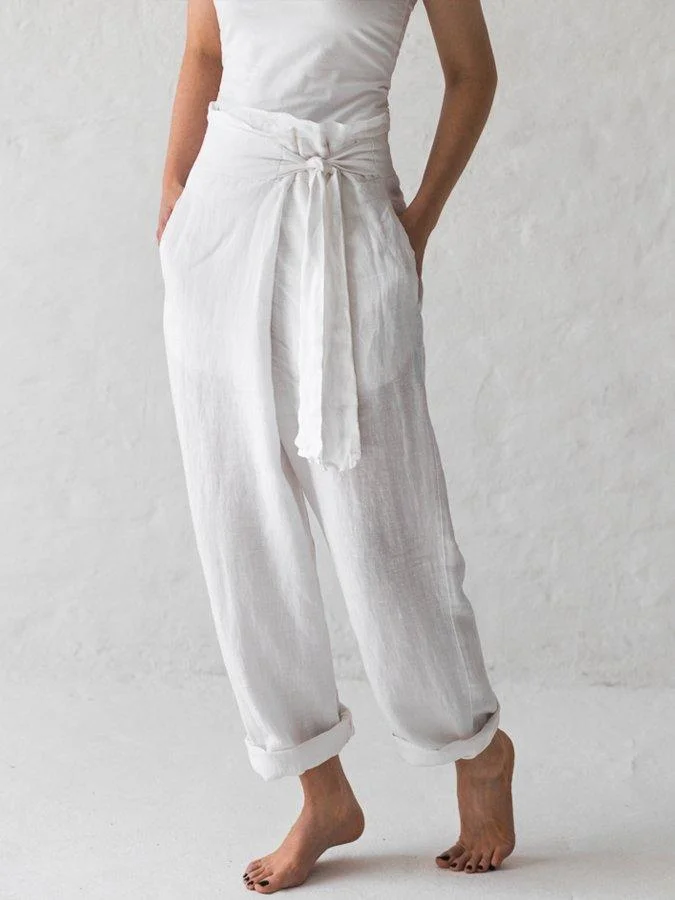 White Cotton Linen Lace Up Casual Pants