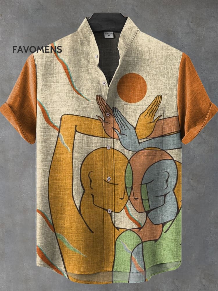 Vintage Abstract Body Art Print Casual 100% Cotton Shirt Multicolor / S