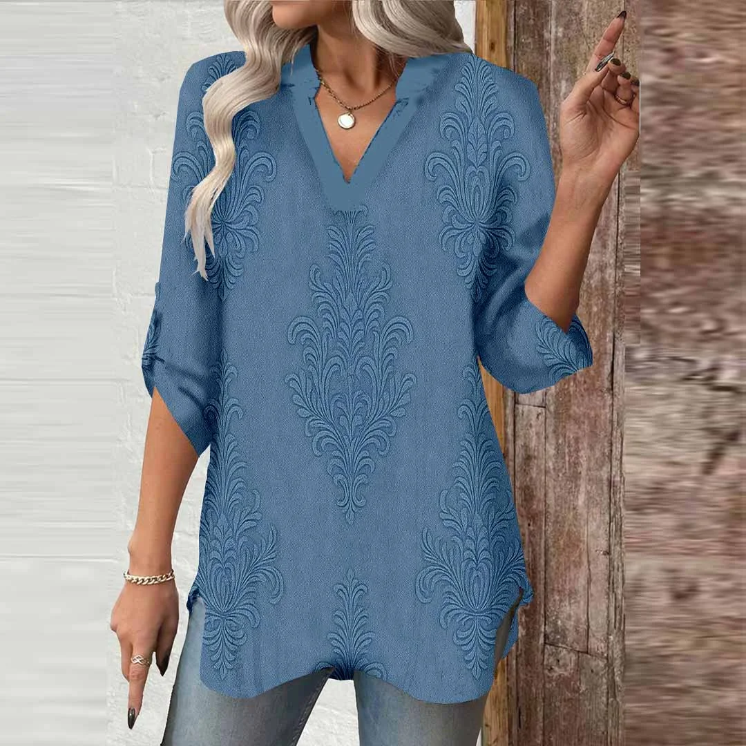 Women Floral,Blue DZGA0290 3/4 Sleeve V-neck Printed Graphic Button Tops