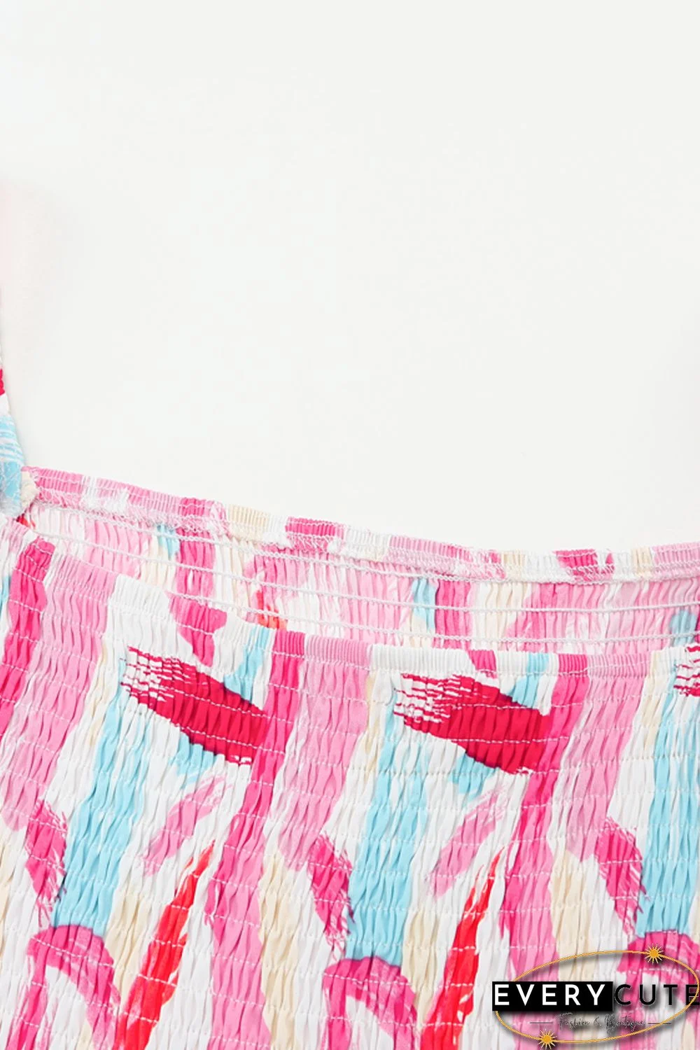 Pink Brush Stroke Printed Smocked Ruffle Tiered Dress