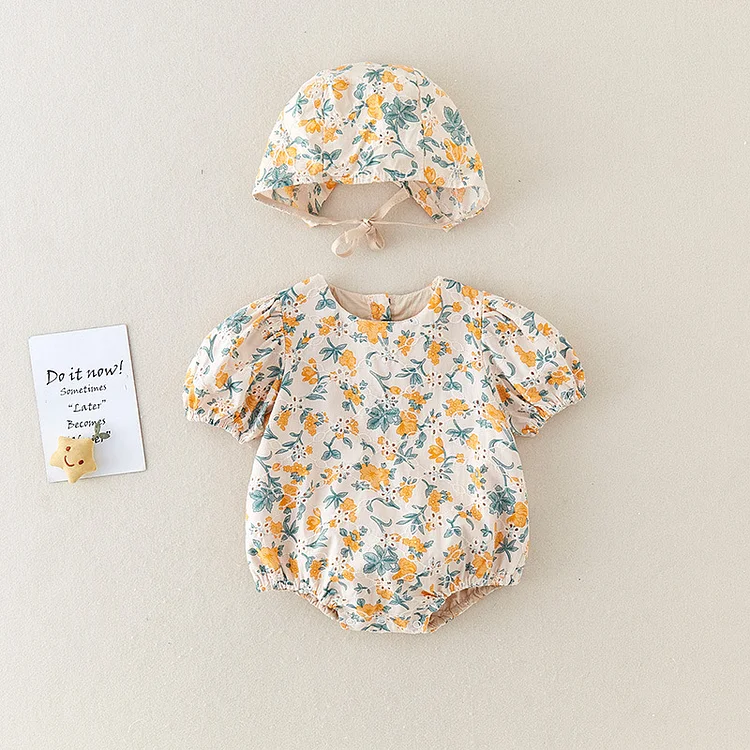 2pcs Summer 95% Cotton Baby Girl Sweet Embroideried Floral Bodysuit & Hat Set