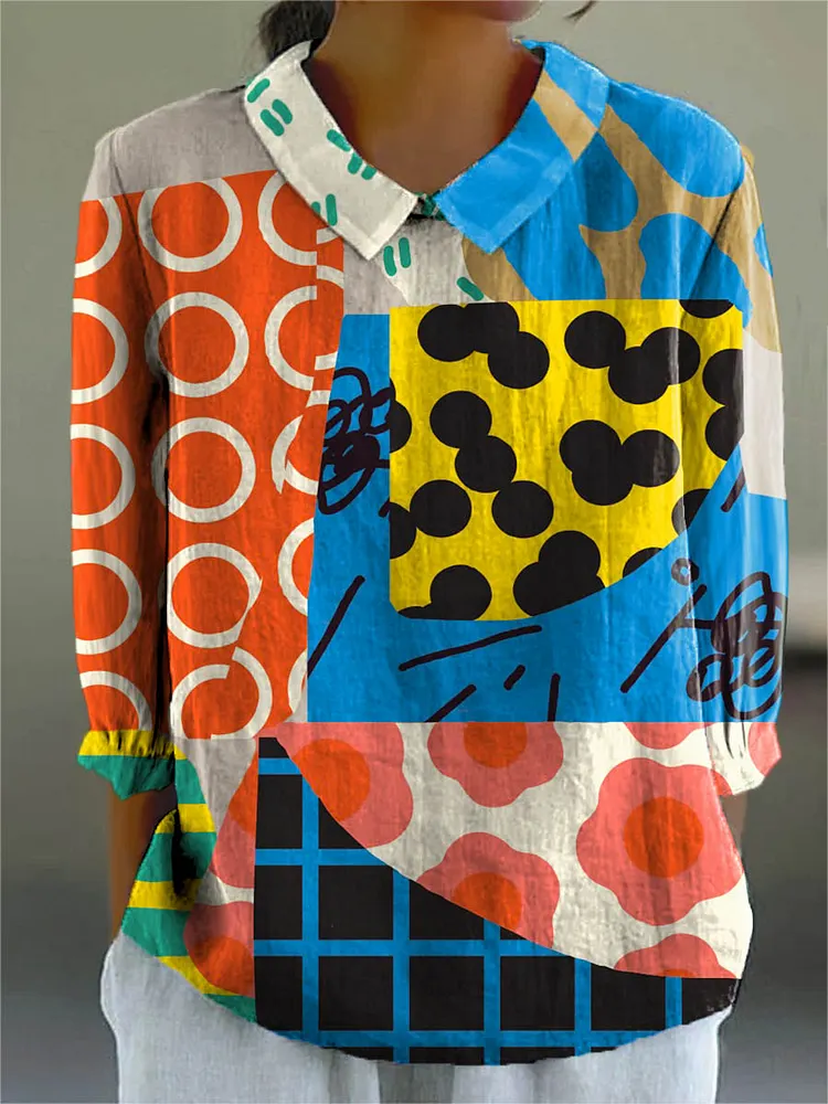 Women's Abstract Geometric Pattern Art Print Casual Cotton And Linen 3/4 Sleeve Shirt