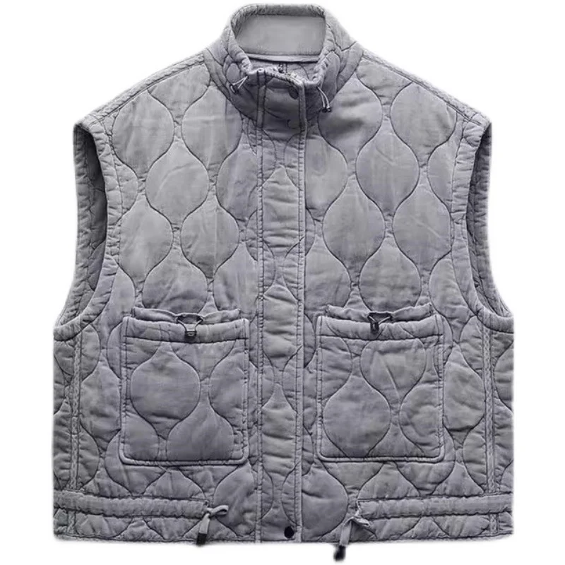 Zingj 2025 New Women's Gray Standing Collar Sleeveless Cotton Jacket Vest Vest 4088241 802