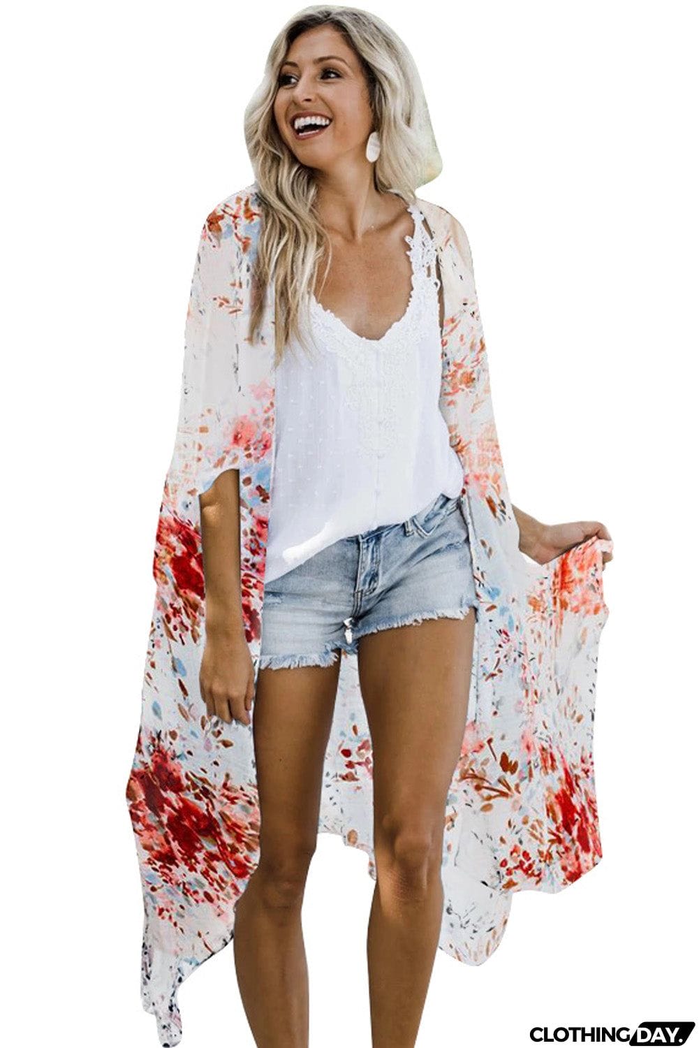 Floral Kimono Sleeves Chiffon Loose Beach Cover Up