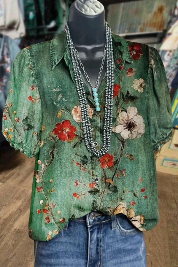 Retro Floral Print Puff Sleeve Top