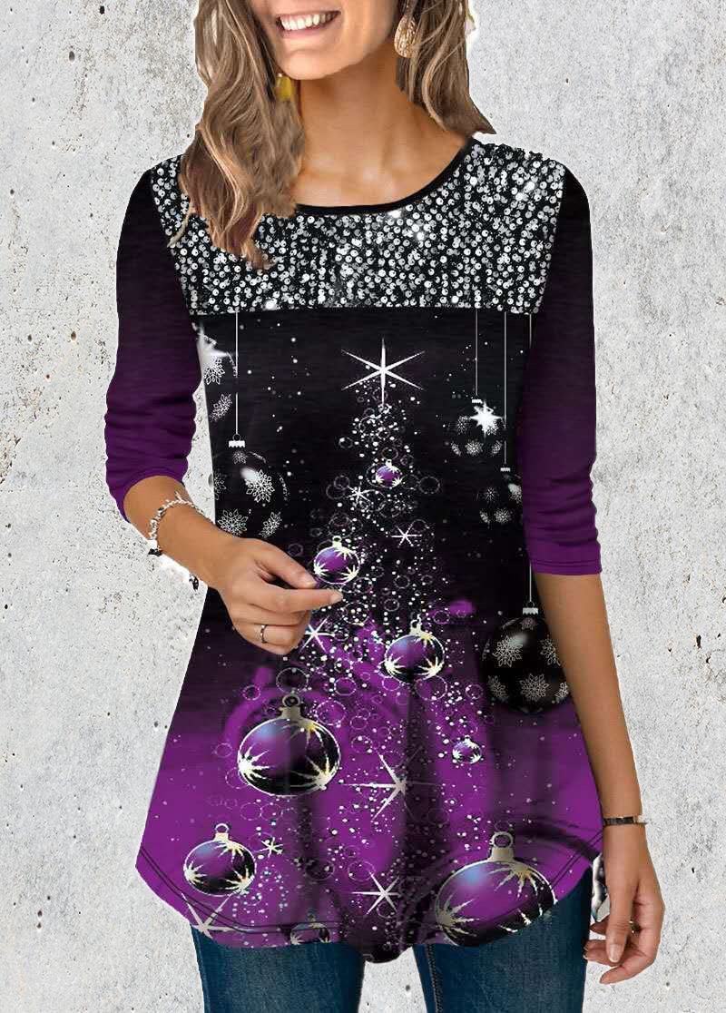 Women's Purple Christmas Ball Print T-shirt