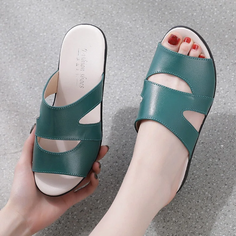 GKTINOO Women Slippers Shoes Genuine Leather Casual Slides Women Summer Shoes Retro Solid Mother Shoes Wedges Flip Flops Size 43
