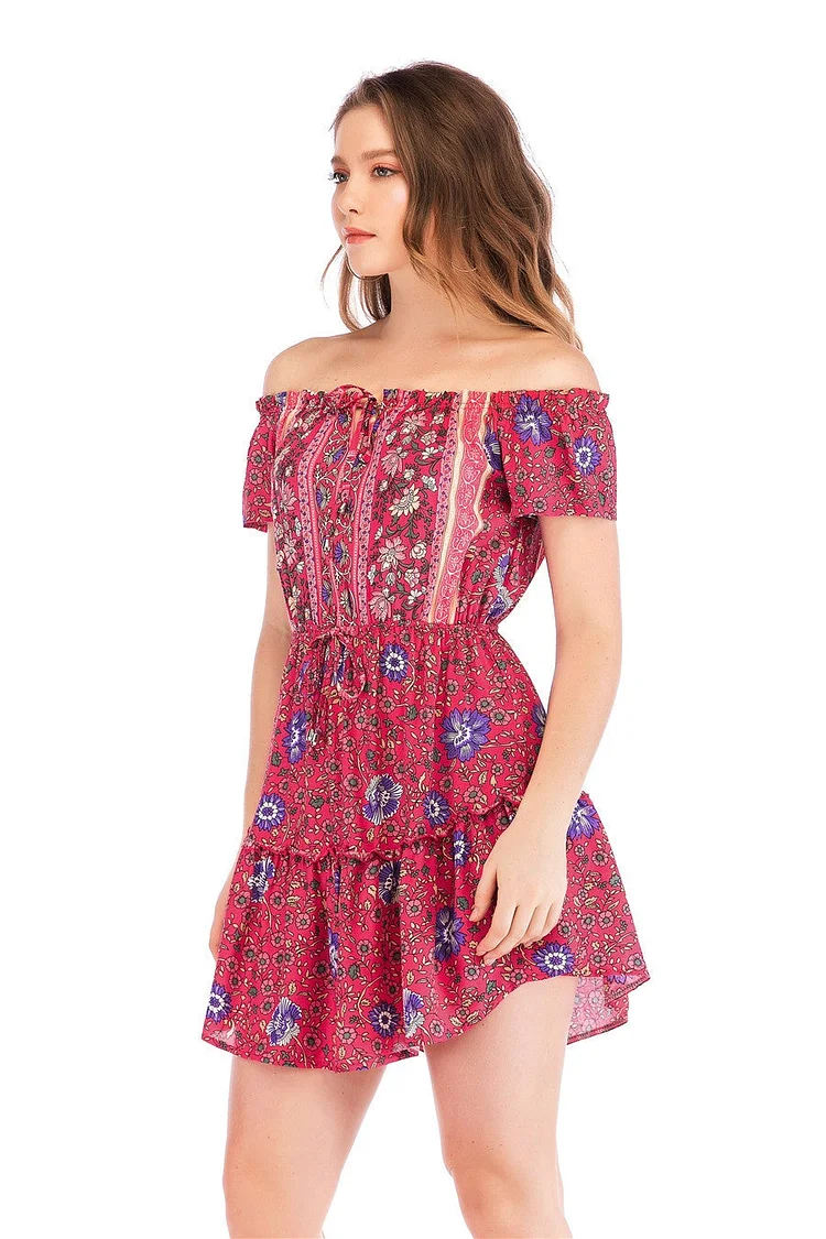 New Cotton Printed Off-the-shoulder Dress Real Shot Spot