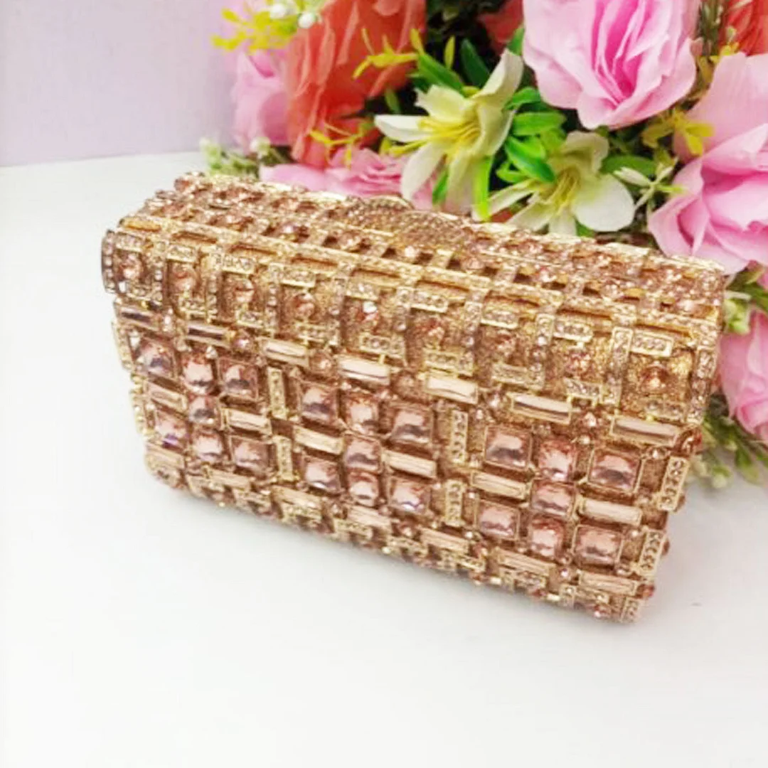 Luxury Heavy Fuchsia Crystal Party Handbags Rose Gold Wedding Purse Box Women Clutch Bags SM109