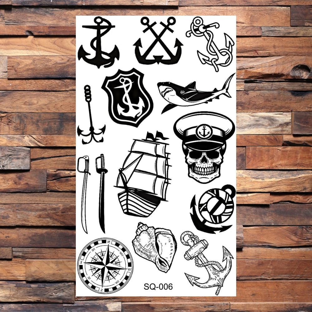Black Compass Anchor Temporary Tattoos For Adults Men Realistic Pirate Ship Endless Flower Fake Tattoo Sticker Back Arm Tatoos