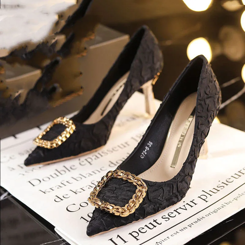 Qengg Women's Shoes Spring 2022 Korean Metal High Heels Stiletto Pumps Beige Shallow Mouth Square Buckle Woman Dress Working Shoes