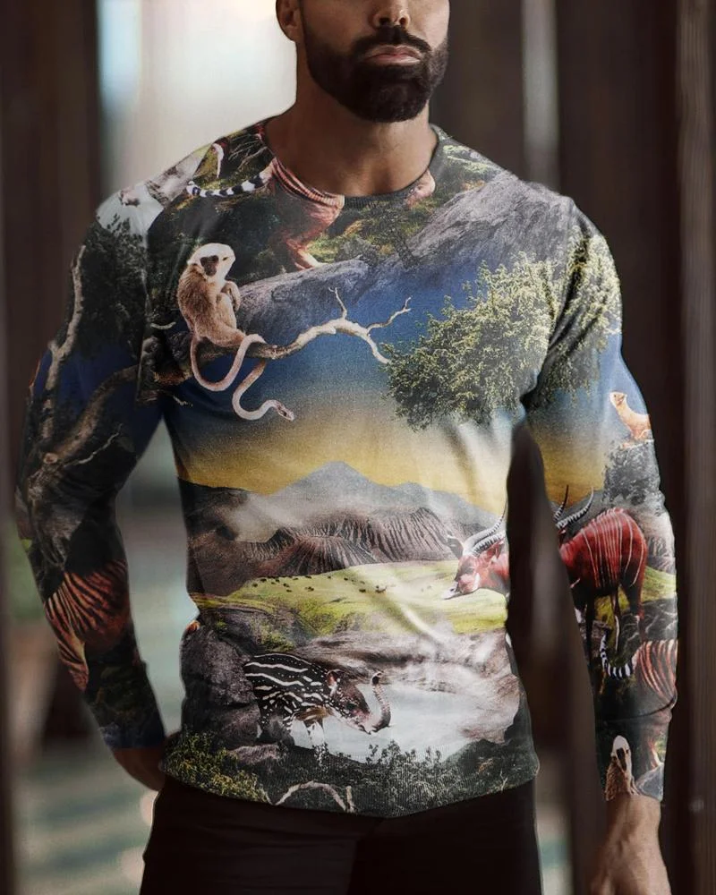 men's casual oil painting printing long sleeves