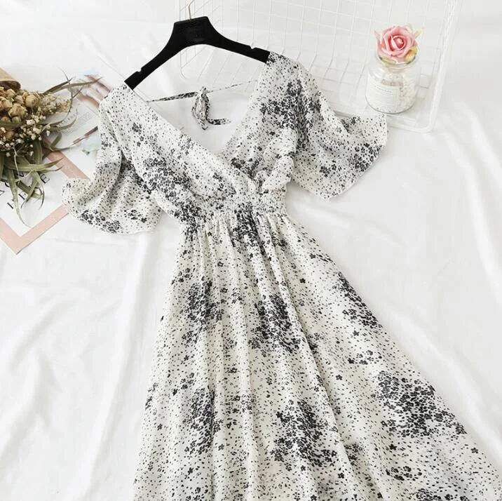 Summer Vintage Floral Chiffon Long Dress Sexy V-neck Ruffle Boho Dresses 2021 Elegant Women Party Short sleeve Dress Vestidos