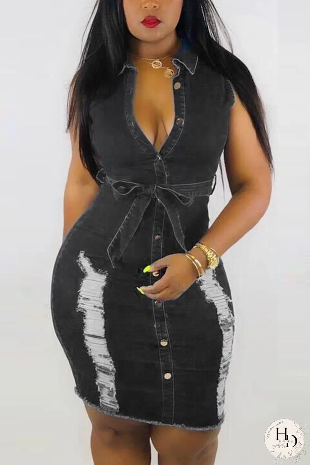 Baby Blue Sexy Sleeveless Grinding Hole Cowboy Dress