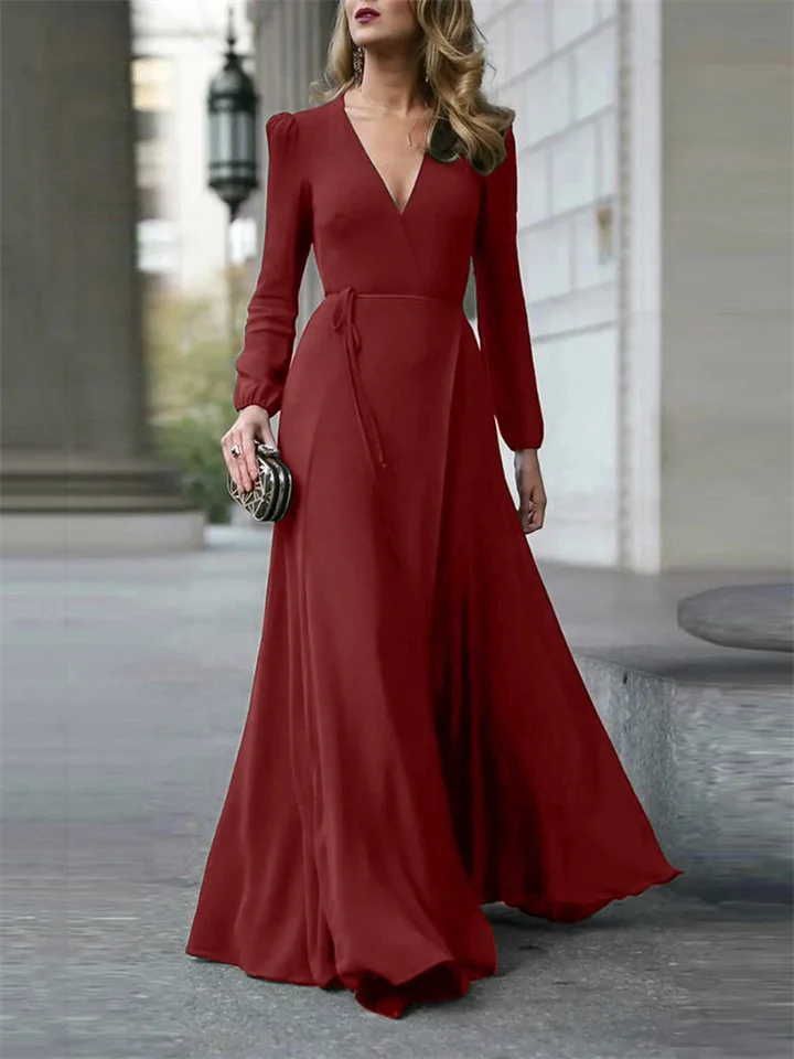 Solid Color V-neck Long Sleeve Hem Lacing Thin Temperament Long Dress