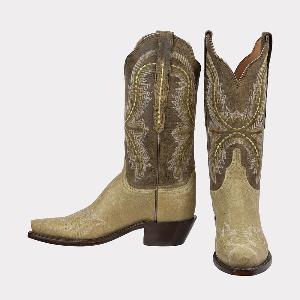 Olive Green Block Low Heel Embroidered Wing Snip Toe Cowgirl Boots Nicepairs