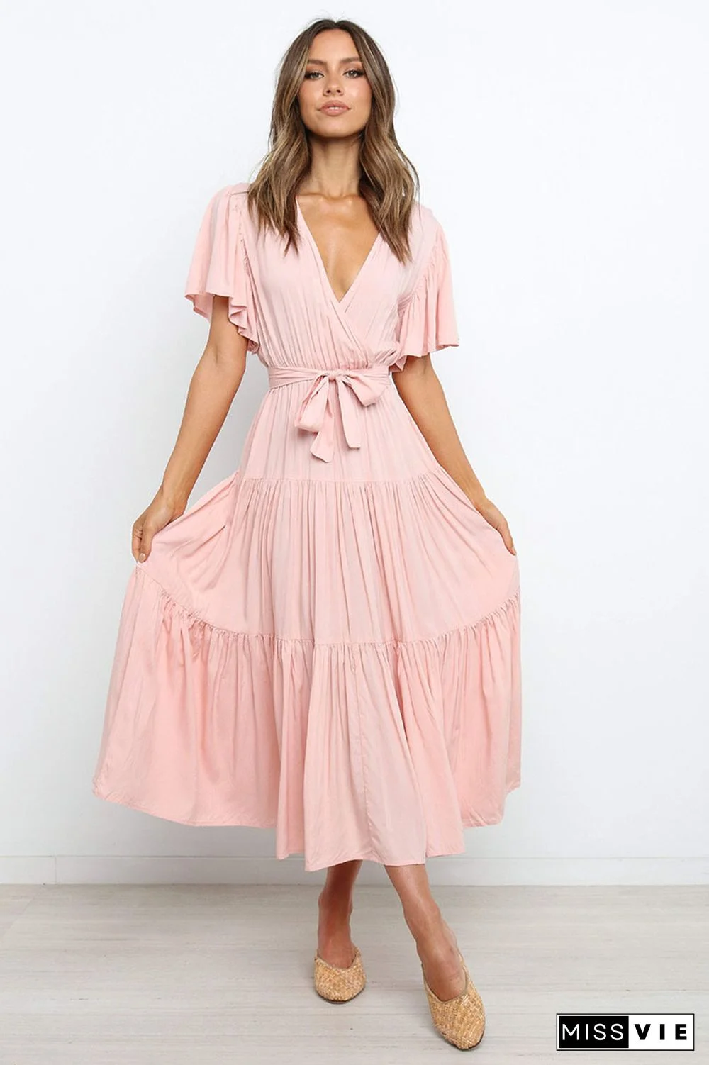 Boho Beach Vacation Summer Women Dresses New Solid V-Neck Short Ruffle Sleeve Lace-up Swing High Waist A-line Long Dress