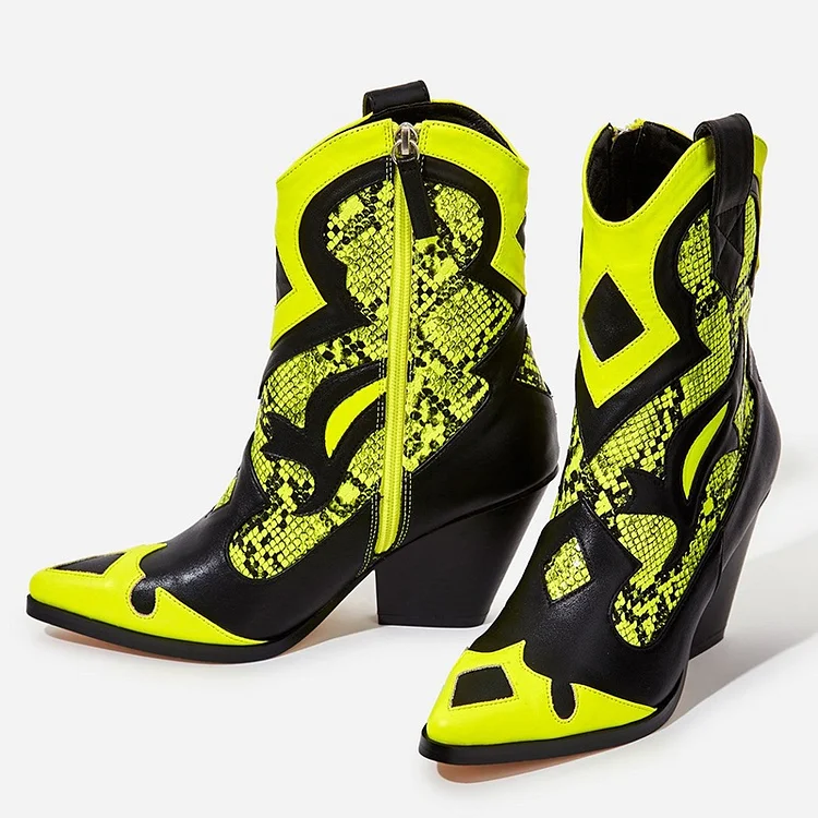 Black & Yellow Python Block Heel Ankle Length Western Cowgirl Boots |FSJ Shoes