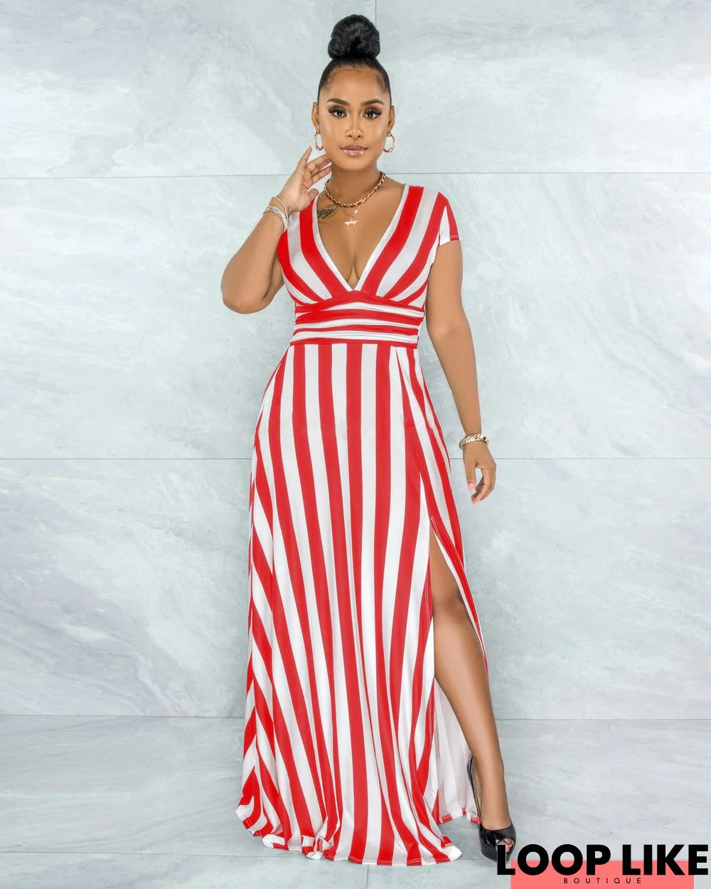 Sexy Fashion Stripe-Shaping Dress with A Split