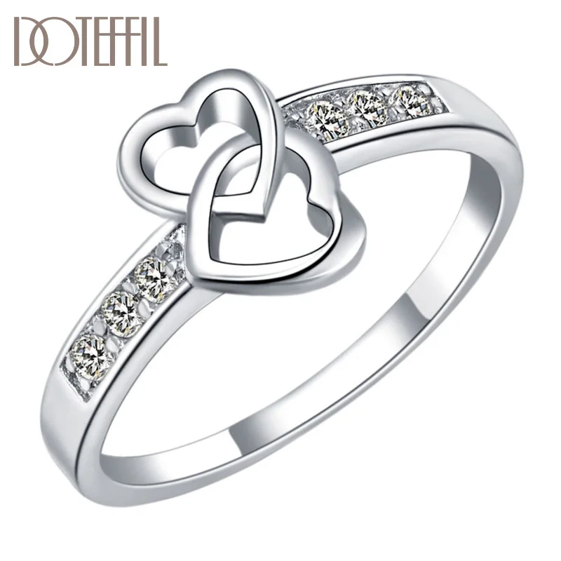 DOTEFFIL 925 Sterling Silver Double Heart AAA Zircon Ring For Women Jewelry