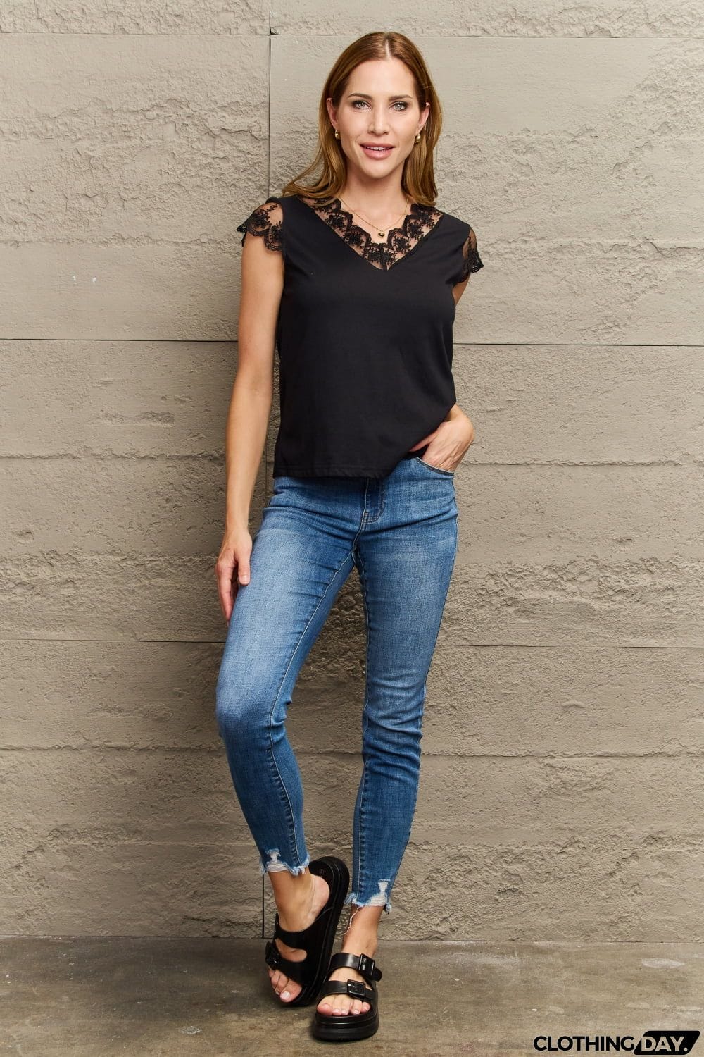 Lace Trim Cap Sleeve Blouse