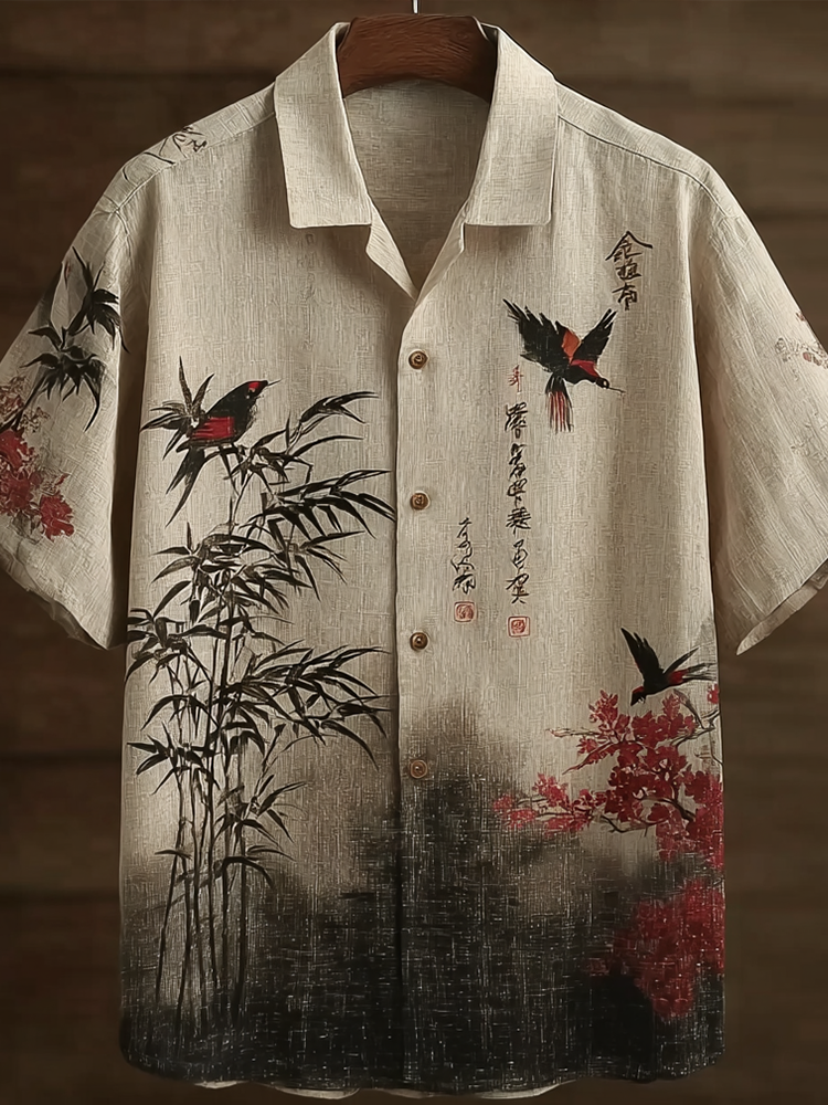 Japanese Art Retro Style Birds And Flowers Pattern Men's Short Sleeve Shirt  artssus