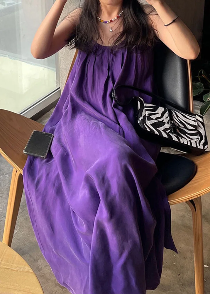 New Purple O Neck High Waist Cotton Spaghetti Strap Dress Sleeveless