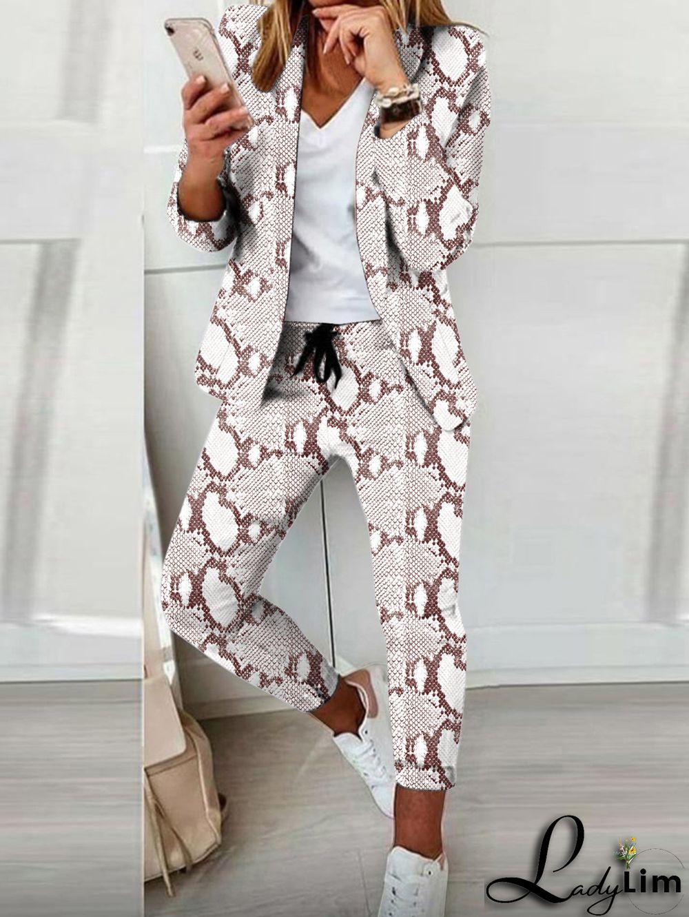 Casual Colorblock Allover Pattern Blazer & Pants 2 Pcs Set