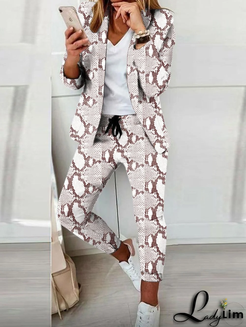 Casual Colorblock Allover Pattern Blazer & Pants 2 Pcs Set