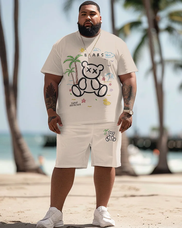 Men's Plus Size Hawaiian Coconut Bear Alphabet Print T-Shirt Shorts Suit