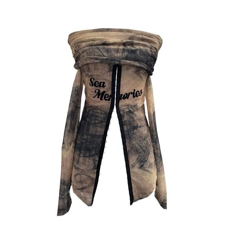 Nigikala Nigikala Picts Single-Layer Mesh Yarn Micro-Sleeved T-Shirt Word Shoulder-Pollid Letter Open Fork Top 1180