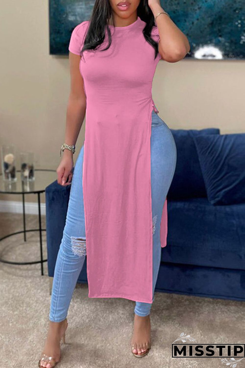 Pink Casual Solid Patchwork Slit O Neck T-Shirts