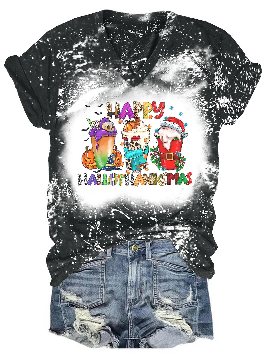 Happy Hallothanksmas Coffee Print Tie Dye Shirt