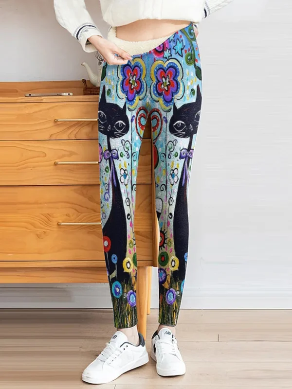 Fleece Vintage Cat Print Thermal Integrated Leggings