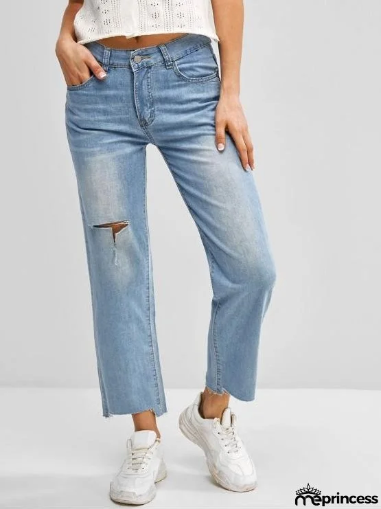 Ripped Frayed Hem Straight Jeans for Women