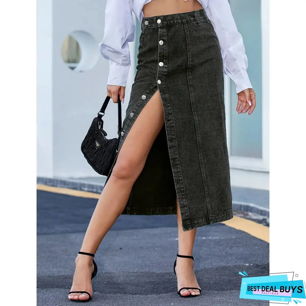 Button Irregular Slit Skirt Denim High Waist Long Skirt