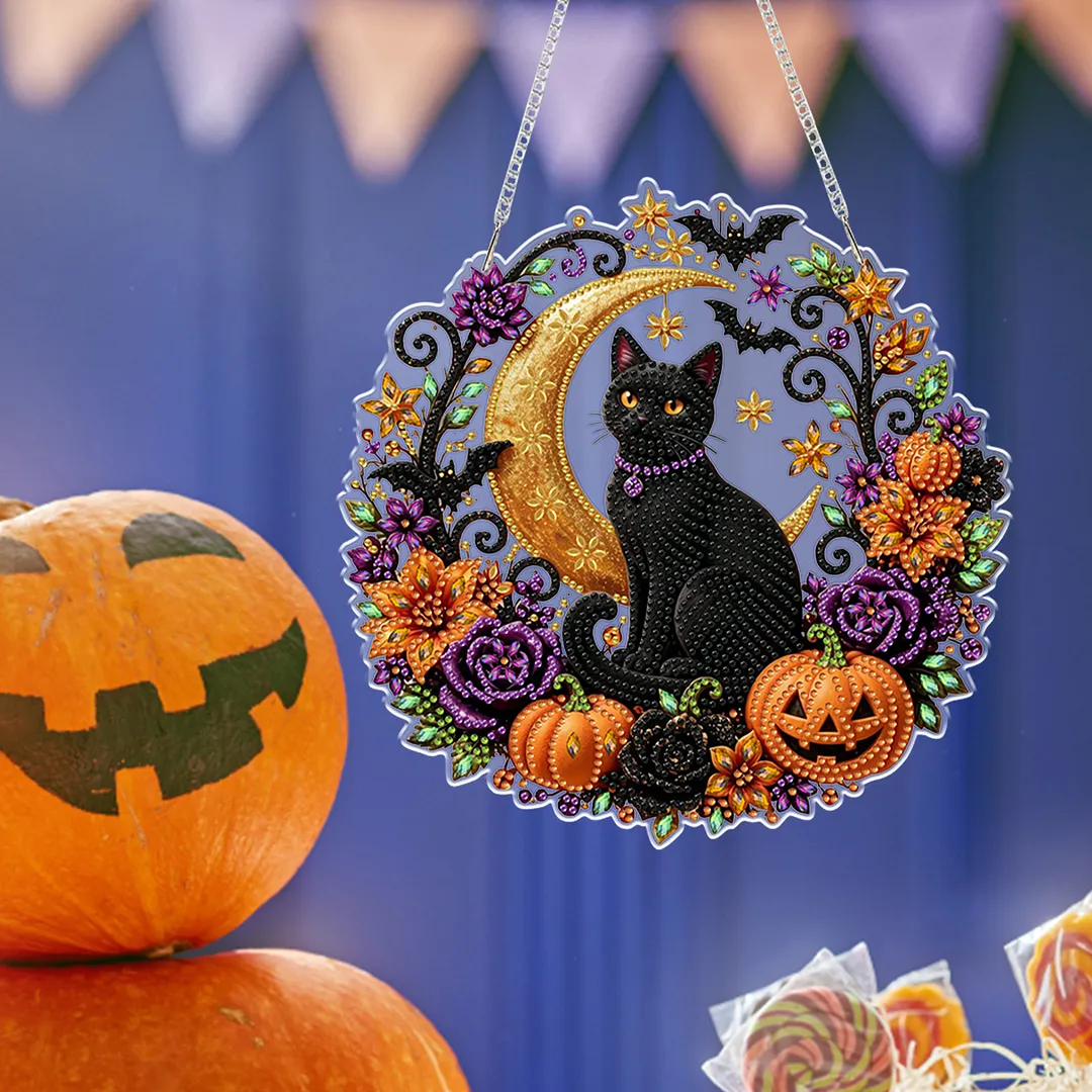 Halloween Black Cat Moon 2D Flat DIY Diamond Painting Charms for Wall Decor