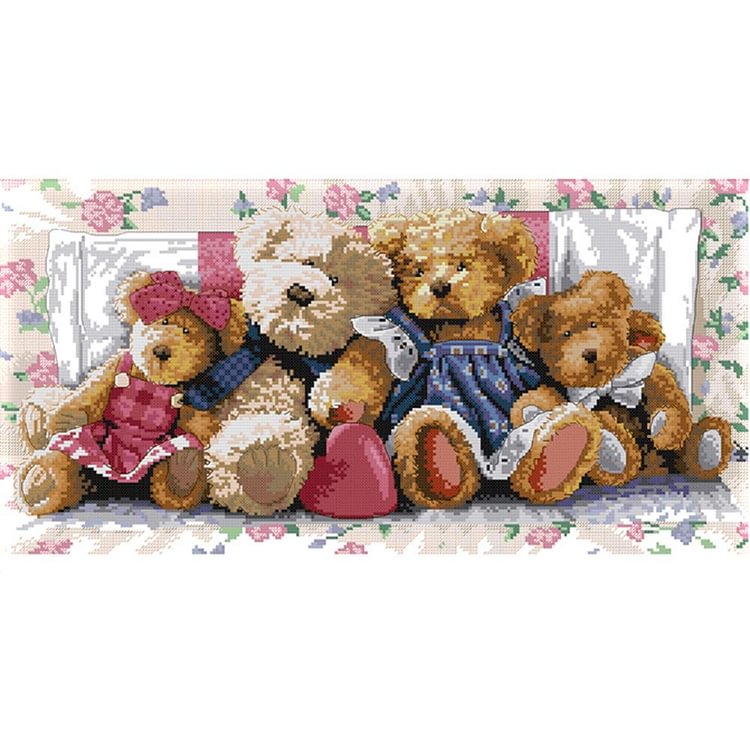 Joy Sunday - Little Bear Family1 - 14CT 2 Strands Threads Printed Cross Stitch Kit - 54x31cm(Canvas)