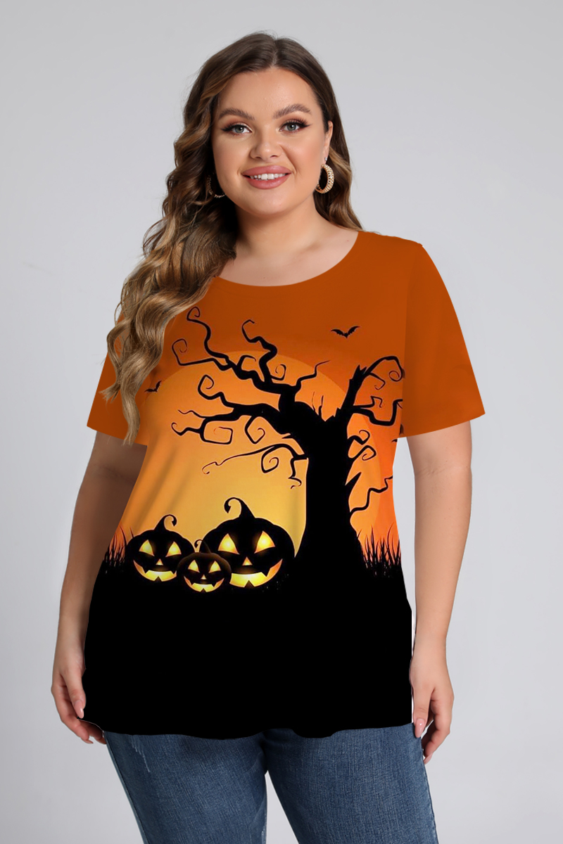 Flycurvy Plus Size Halloween Black Print Round Neck Short Sleeve T-Shirt