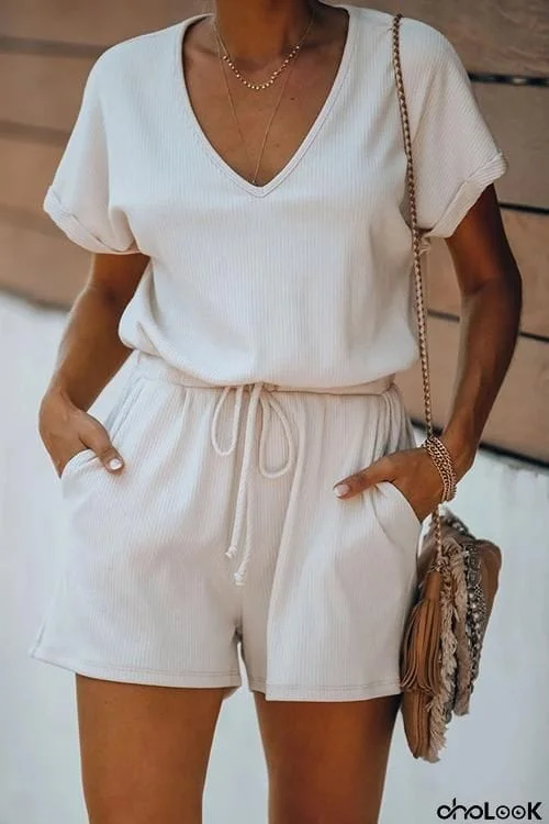 V Neck Pockets Drawstring Romper