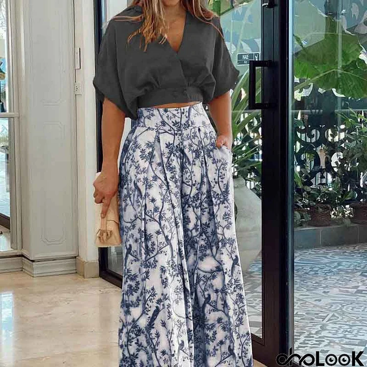 Summer Vacation Women solid crop blouse Fashion Wide Leg Pants Two-Piece Set